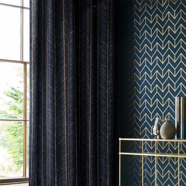 New Look Luxury Art Deco Herringbone Navy Blue Gold Sparkle Curtain