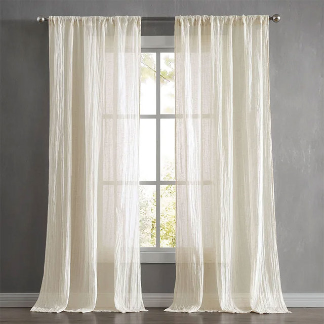 Shabby Chic Crushed Pure Flax Linen Cream Heavy Semi Sheer Voile Curtain 1