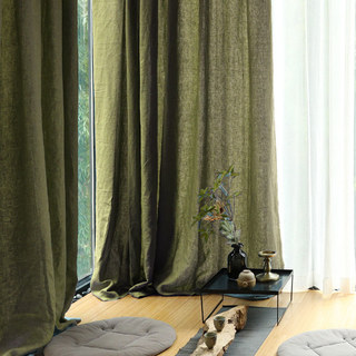 Wabi Sabi Pure Flax Linen Olive Green Heavy Semi Sheer Voile Curtain 2