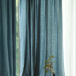 Wabi Sabi Pure Flax Linen Teal Blue Heavy Semi Sheer Voile Curtain 2