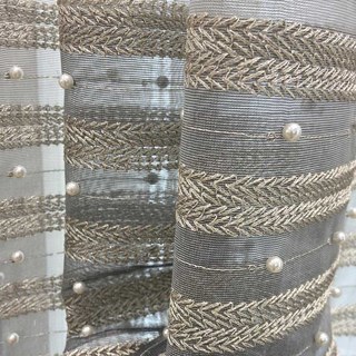 Grey Ombre Voile Curtain With Gold Horizontal Stripes and Pearls 3