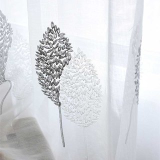 Banyan Leaves Embroidered Grey & White Voile Curtain 1