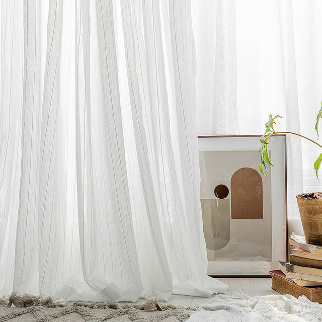 Scandinavian Striped White Cotton Sheer Voile Curtain 1