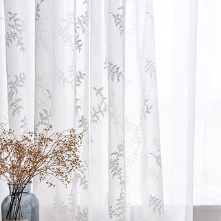 Embroidered Pine Tree Leaves White Floral Sheer Voile Curtain