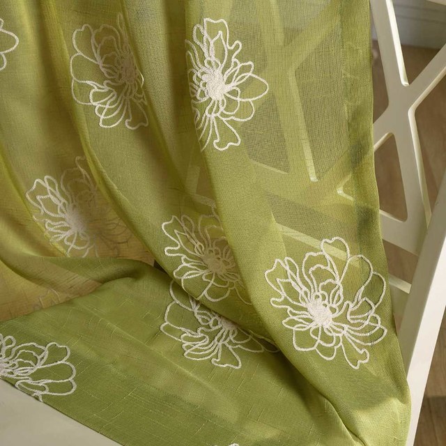 Flowers of the Four Seasons Olive Green Embroidered Voile Curtain 1