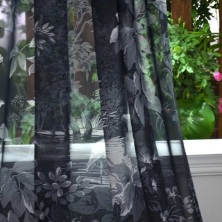Oasis Tropical Trees Flowers Cranes Black Voile Curtains 3