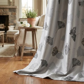 Asian Grove Luxury Jacquard Ginkgo Leaf Patterned Silvery Grey Curtain with Gold Details