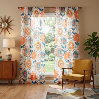 Circle Dance Multicolour Red Mid Century Modern Floral Voile Curtain 3