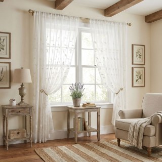 Creeper's Whisper Embroidered Leaf Ivory White Voile Curtain 4