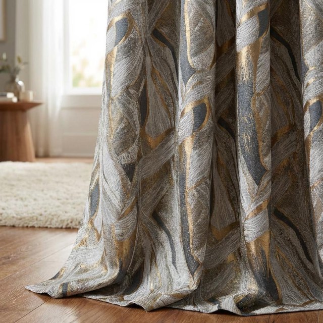 Dreamscape Luxury Jacquard Abstract Gray and Gold Curtains 1