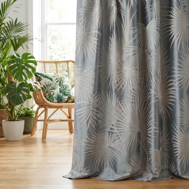 Fan Palm Silhouette Duck Egg Blue Satin Tropical Leaves Curtain 1