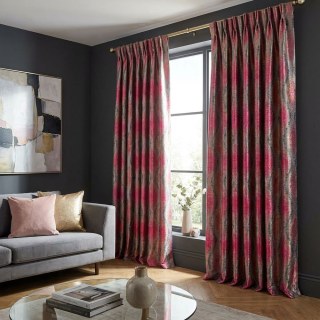 Ikat Ripples Black Magenta Red Ogee Geometric Curtains with Gold Details 4