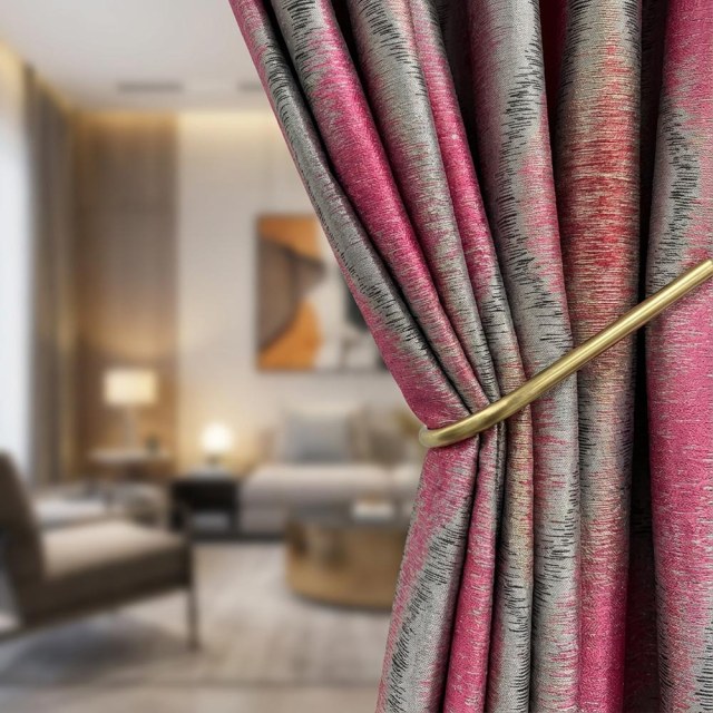 Ikat Ripples Black Magenta Red Ogee Geometric Curtains with Gold Details 1