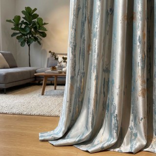 Misty Rain Jacquard Faux Silk Cream & Pastel Blue Floral Curtain With Gold Details