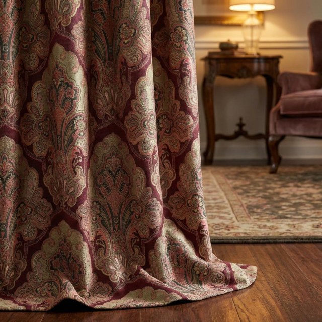 Regal Elegance Burgundy Wine Red Damask Curtain 1