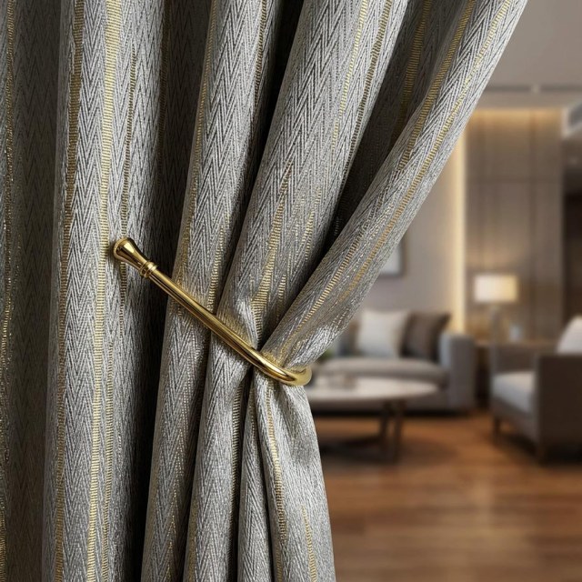 Sunbeam Glistening Subtle Textured Striped Champagne Gold and Grey Curtain 1