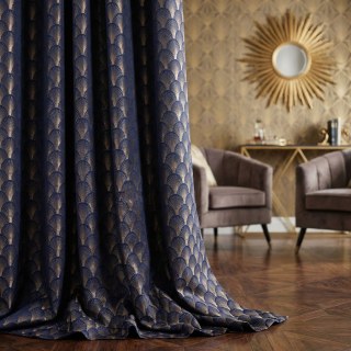 The Roaring Twenties Luxury Art Deco Shell Pattern Navy Blue & Gold Geometric Curtain