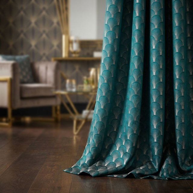 The Roaring Twenties Luxury Art Deco Shell Patterned Teal & Silver Geometric Curtain 1
