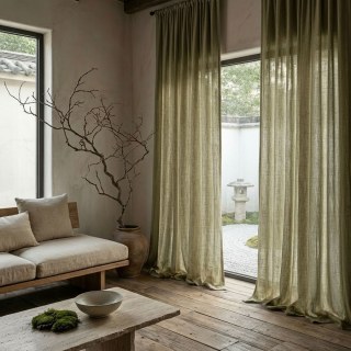 Wabi Sabi Pure Flax Linen Olive Green Voile Curtain