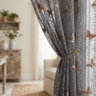 Winged Whisper Embroidered Butterfly Gray Mesh Net Curtain 2