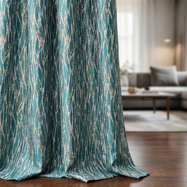 Woven Drift Abstract Geometric Teal Curtains with Metallic Gold Accents 1