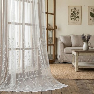 Floral Fantasy Embroidered Scallop Edged Ivory White Voile Curtain