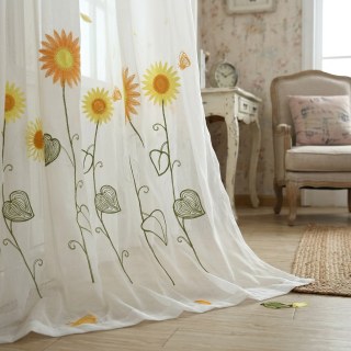 Yellow Sunflower and Butterfly Embroidered Sheer Voile Curtain