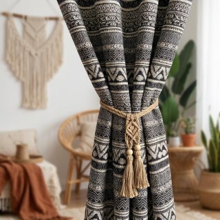 Aztec Ikat Noir et Blanc Rayé Horizontal Géométrique Rideau 5