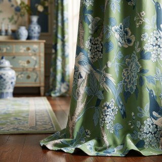Oiseaux & Fleurs Chinoiseries Bleu & Vert Rideau en Velours Floral