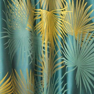 Fan Palm Silhouette Teal et jaune Satiin Feuilles tropicales Rideau 4