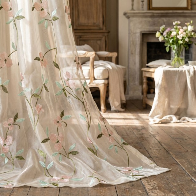 Rideau en organza voilée brodée motif pensée élégante 1