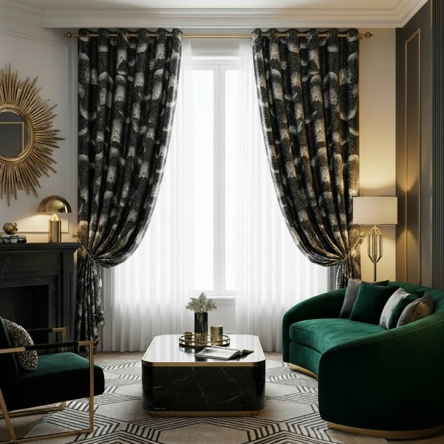 Fanburst Art déco Rideaux géométriques noirs et blancs 1