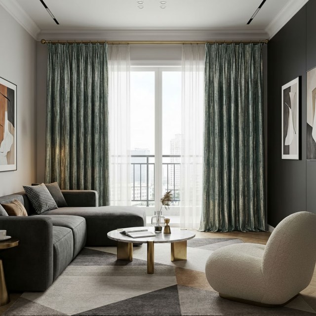 Teaux texturés et rideau rayé d'or 1