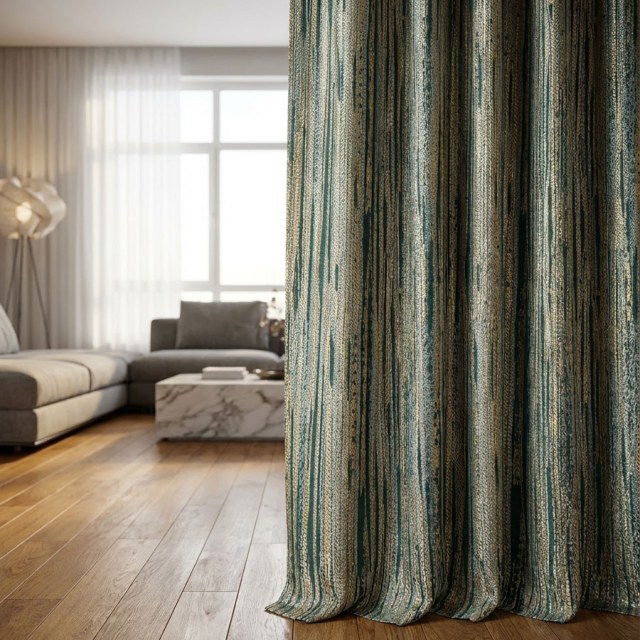 Rayures Dorées Voilage Délicatement Texturé Bleu Canard et Or 1