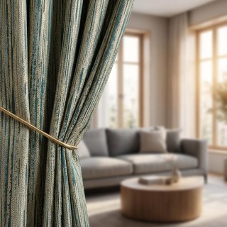 Rayures Dorées Voilage Délicatement Texturé Bleu Canard et Or 4