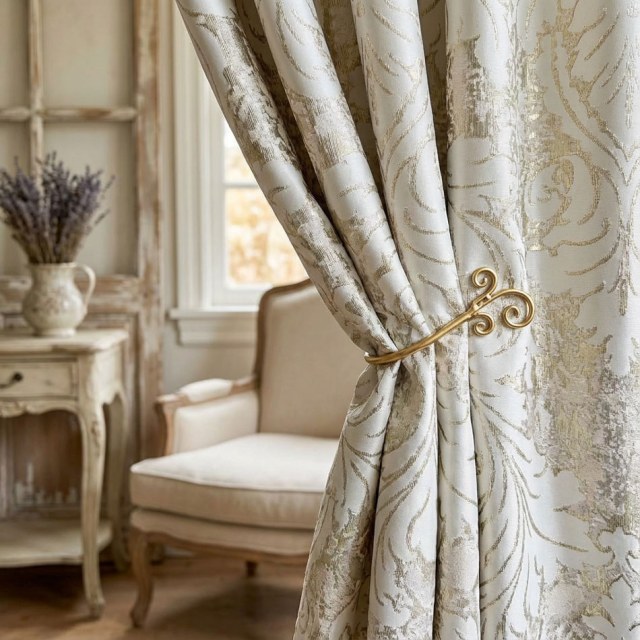 Dorés Baroque Luxe Jacquard Crème Or Rideaux Damassés 1