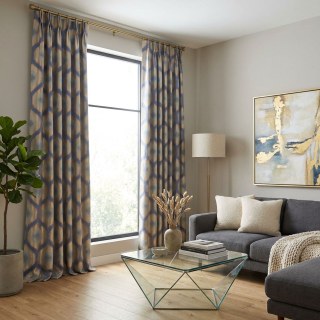 Ikat Ogee Luxury Jacquard Bleu et Or Rideaux Géométriques 3