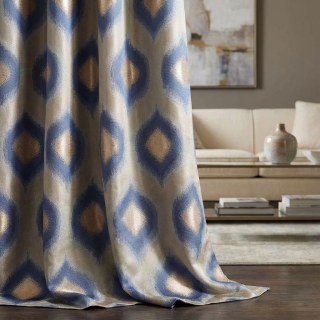 Ikat Ogee Luxury Jacquard Bleu et Or Rideaux Géométriques