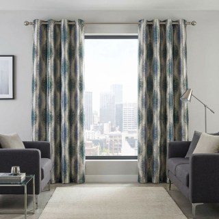 Ikat Ondulations Bleu et Turquoise Rideaux Géométriques Ogee avec Détails Argentés 4