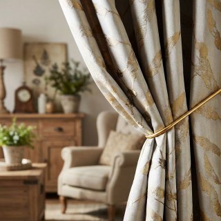 Dans Les Bois Luxe Jacquard Voilages Beige Feuillage Brillant avec Détails Dorés 2