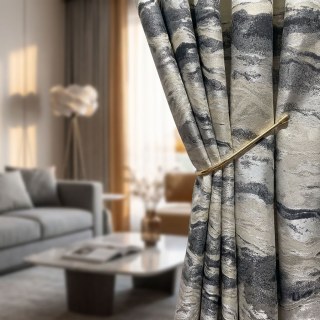 Marbre Luxe Jacquard Texturé Anthracite & Crème Rideau avec Paillettes Dorées 2