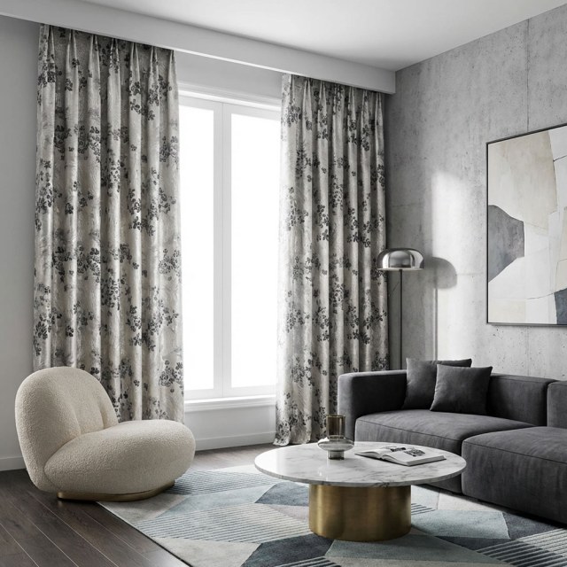 Moonlit Garden Argent et Noir Rideau Floral Jacquard 3D 1