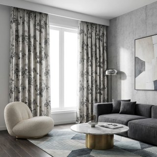 Moonlit Garden Argent et Noir Rideau Floral Jacquard 3D