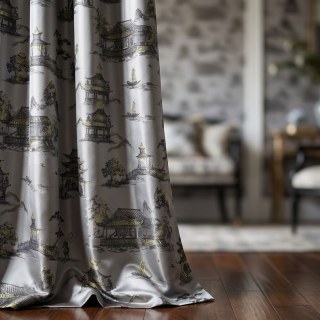 Pagoda & Junk Boat Chinoiserie Crème Satin Floral Rideau