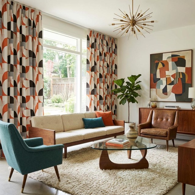 Rythme rétro Mid Century Modern Orange et Rideau Géométrique Noir 1