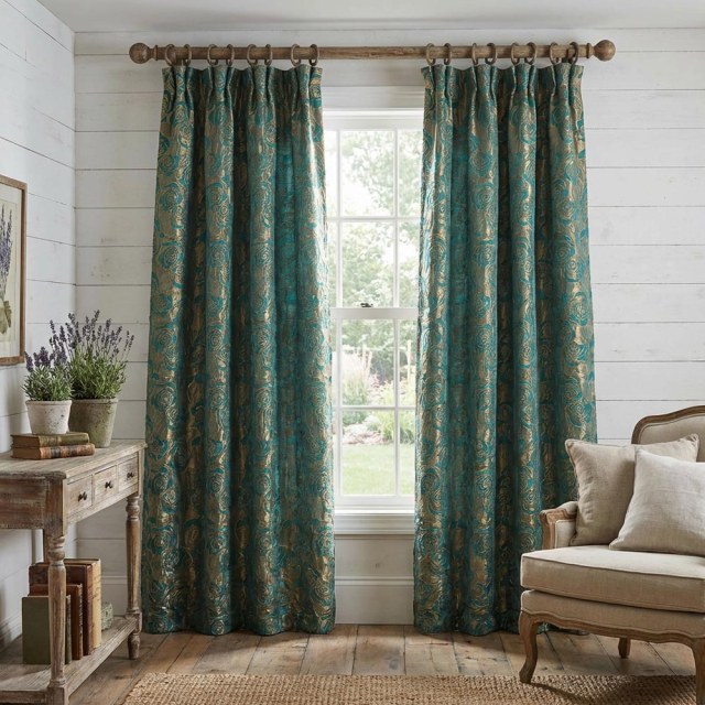 Rose Reverie Vert foncé et doré Rideau floral Jacquard 3D 1