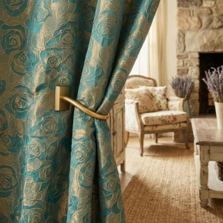 Rose Reverie Vert foncé et doré Rideau floral Jacquard 3D 2