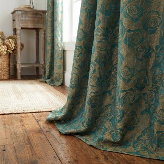 Rose Reverie Vert foncé et doré Rideau floral Jacquard 3D 3