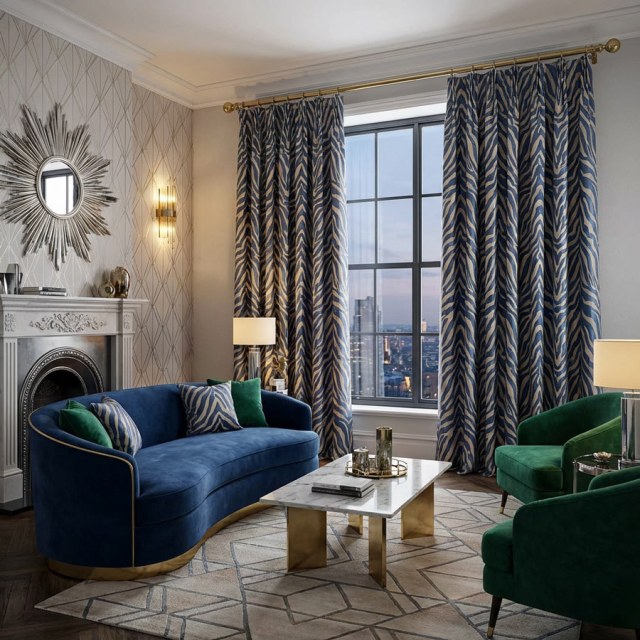 Savannah Luxe Jacquard Marine Imprimé Zèbre Rideau 1