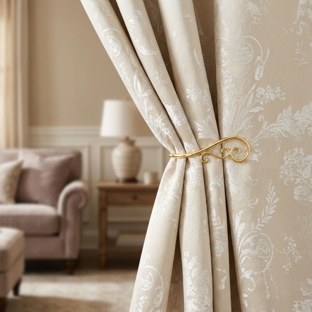 Fleur Argentée Jacquard Crème Rideau Damassé 1